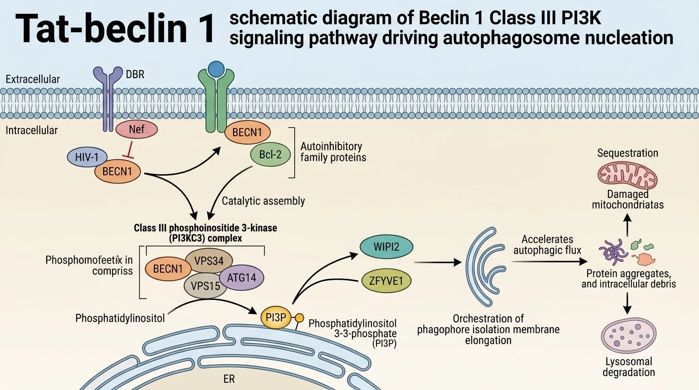 Tat-beclin 1 schematic diagram of Beclin 1 Class III PI3K signaling pathway driving autophagosome nucleation