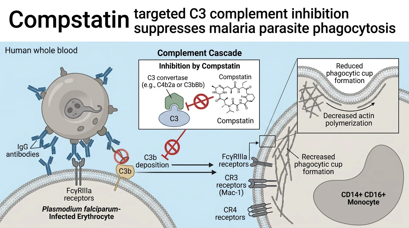 Schematic diagram of complement cascade pathway C3 activation driving CD16 monocyte phagocytosis in blood