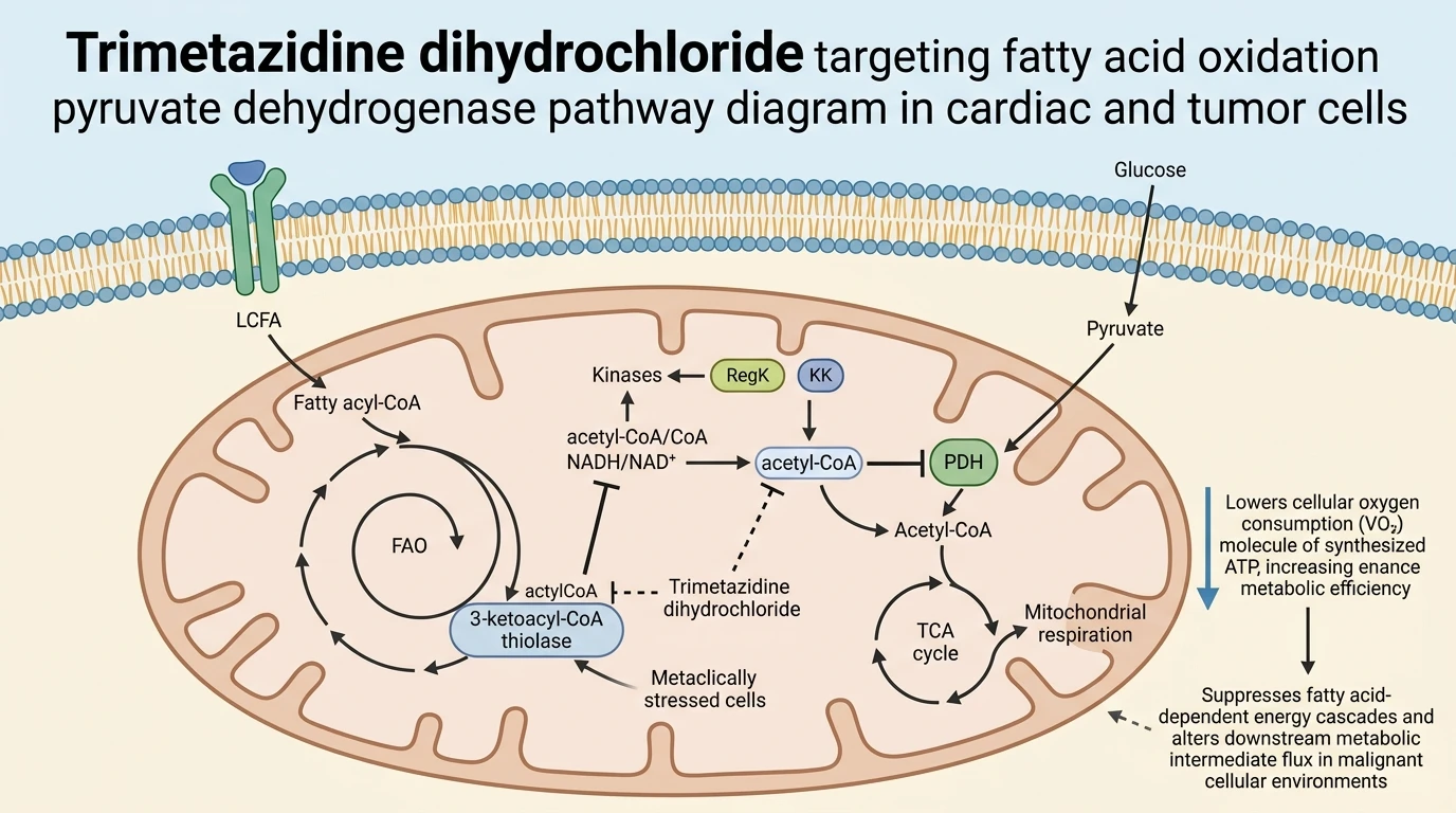 Trimetazidine dihydrochloride targeting fatty acid oxidation pyruvate dehydrogenase pathway diagram in cardiac and tumor cells
