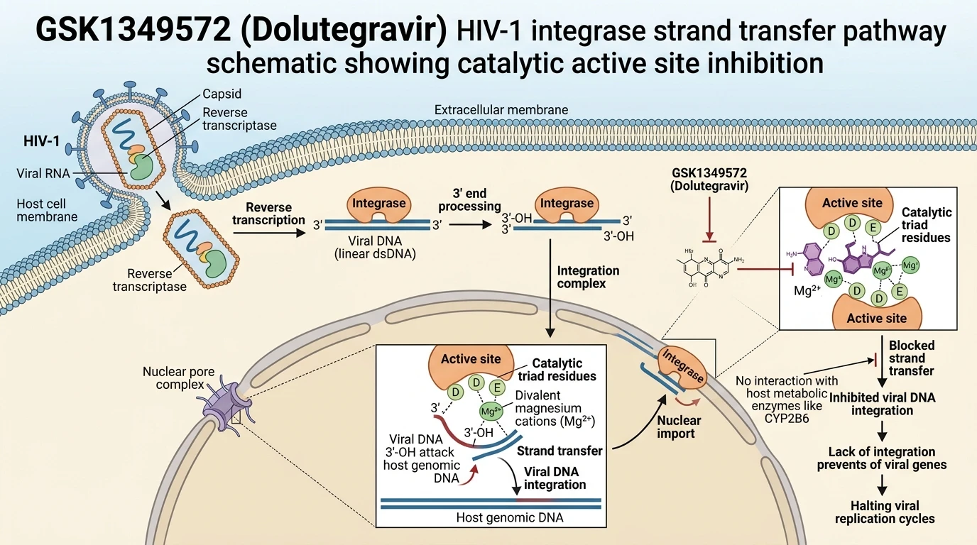 GSK1349572 Dolutegravir HIV-1 integrase strand transfer pathway schematic showing catalytic active site inhibition