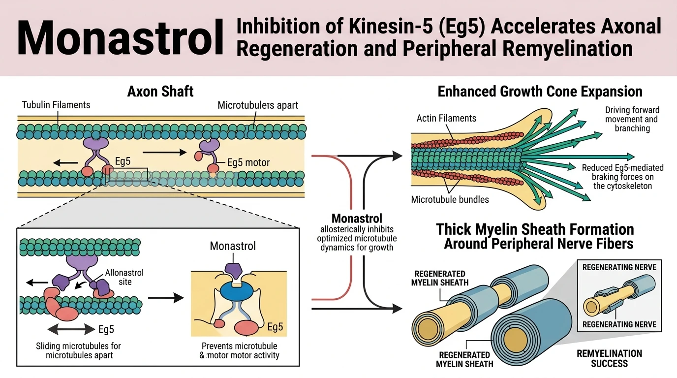 Schematic diagram of Kinesin-5 Eg5 axonal transport pathway in regenerating motor neurons showing allosteric inhibition