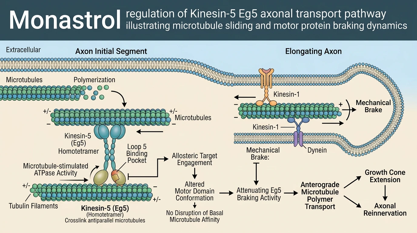Monastrol regulation of Kinesin-5 Eg5 axonal transport pathway illustrating microtubule sliding and motor protein braking dynamics