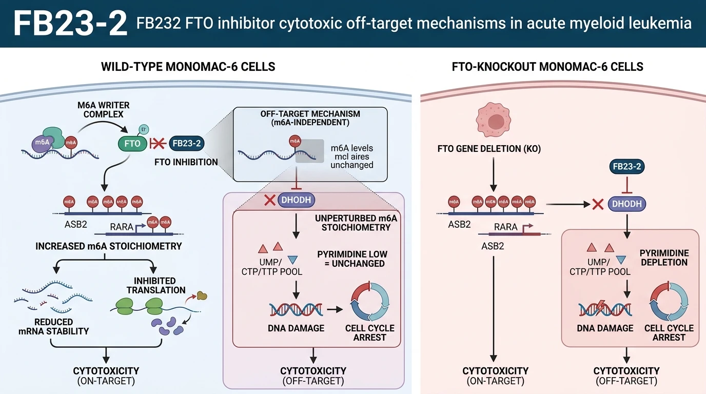 Schematic diagram of m6A RNA demethylation signaling pathway in leukemia cells showing non-targeted cytotoxicity