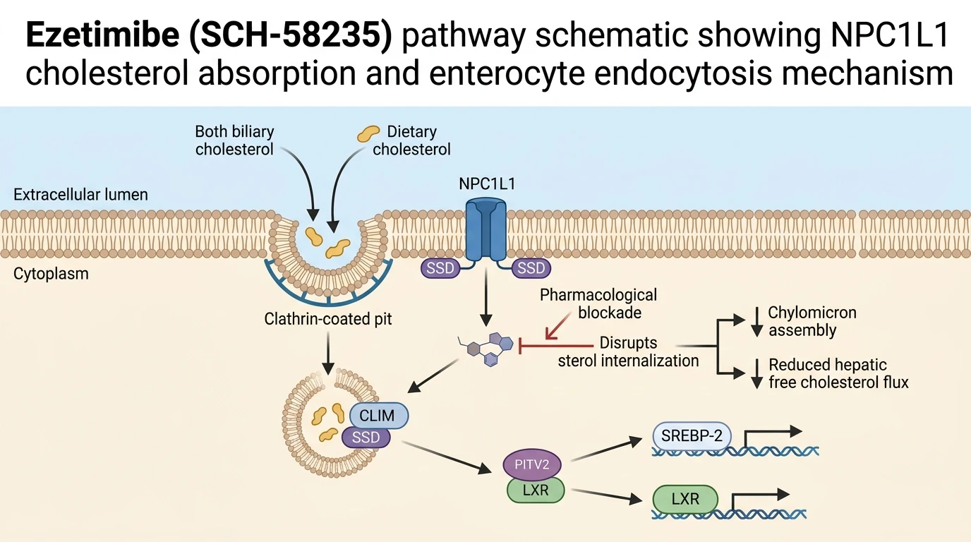 Ezetimibe SCH-58235 pathway schematic showing NPC1L1 cholesterol absorption and enterocyte endocytosis mechanism