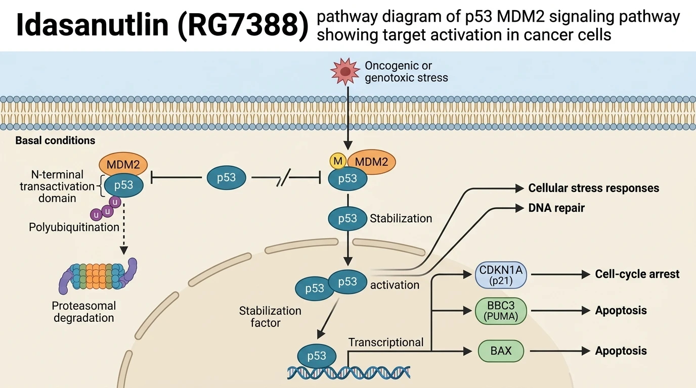 Idasanutlin RG7388 pathway diagram of p53 MDM2 signaling pathway showing target activation in cancer cells